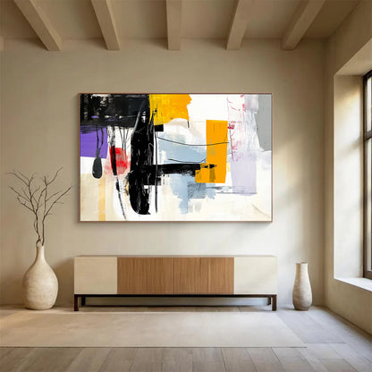 “Abstract Black, Yellow, and Colorful Shapes” - Black, Yellow, Colorful Palette, Abstract Shapes Painting On Canvas HB0863