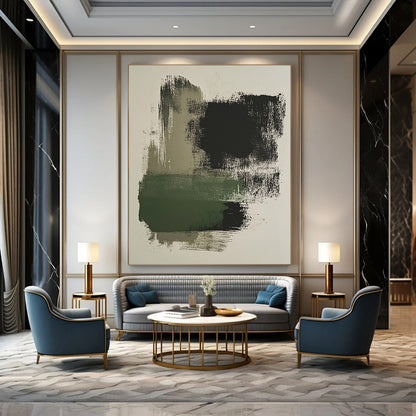 Contemporary brush stroke artwork featuring moss green and black on a beige background, perfect for modern decor enthusiasts. DLZ1454