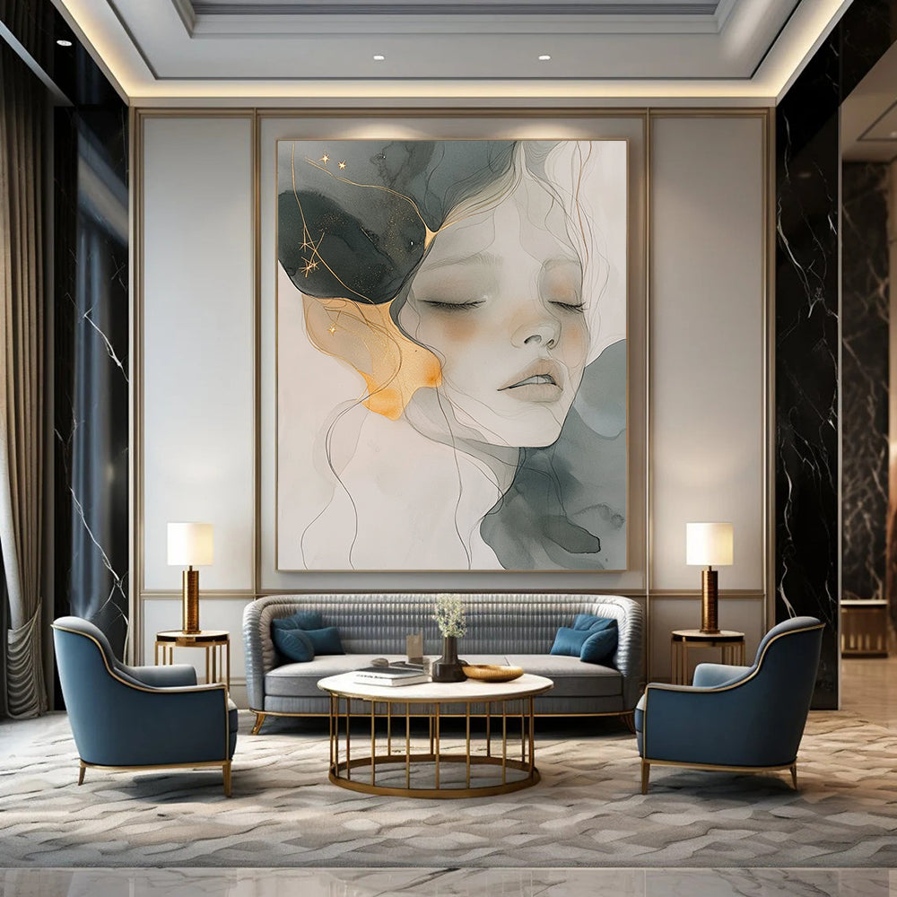 Contemporary abstract artwork features soft watercolor and ink wash with gold accents gentle color palette and ethereal ambience capturing serenity and fluidity. DLZ0786