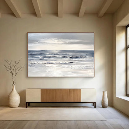 “Gray and White Seascape” - Gray, White, Textured Ocean Painting On Canvas HB1011
