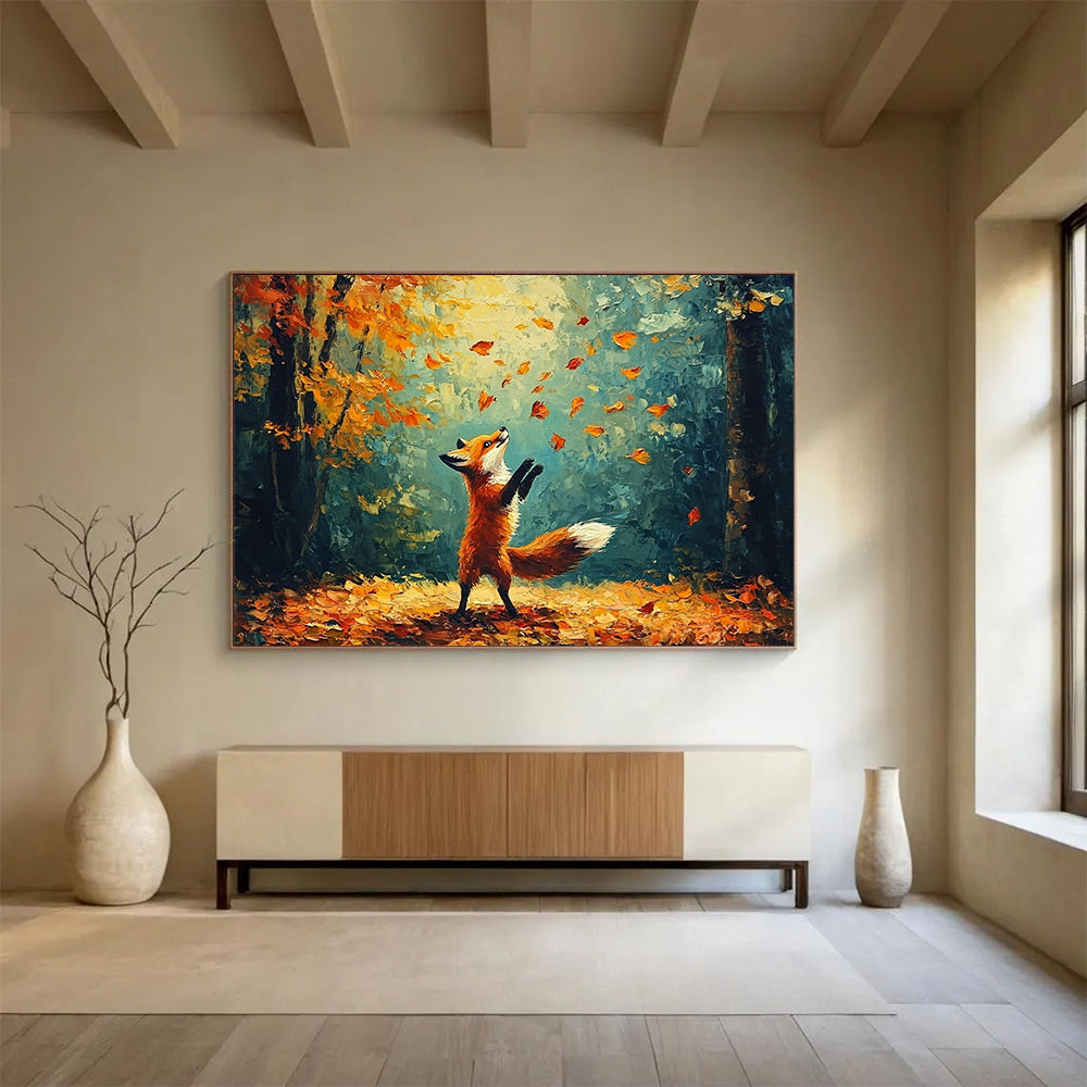 “Fox in Autumn Forest” - A fox playing with leaves in a colorful forest, Impressionist Animal Painting On Canvas HB0552