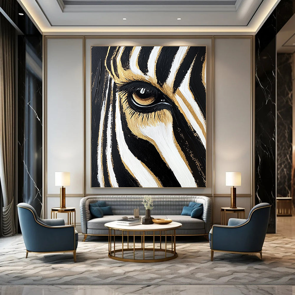 Contemporary hand-painted abstract art featuring a zebra's eye and forehead stripes in black and white with gold highlights against a gradient background. DLZ1217