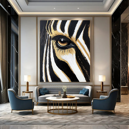Contemporary hand-painted abstract art featuring a zebra's eye and forehead stripes in black and white with gold highlights against a gradient background. DLZ1217