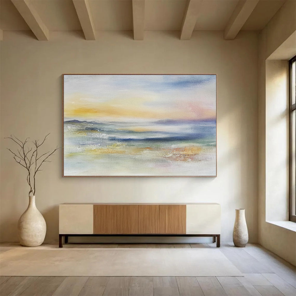 “Dreamy Horizon” - Yellow, Pink, Blue, Subtle Sky and Water Painting On Canvas HB0942
