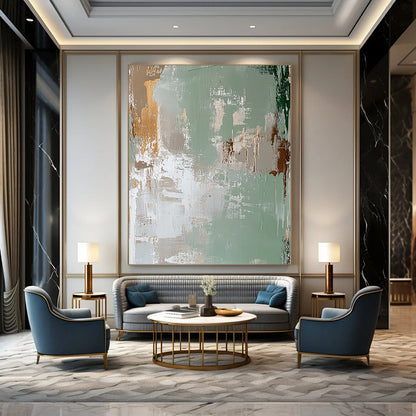 Contemporary hand-painted abstract art featuring a faded distressed background in light green and beige with peeling paint in the style of James Jean. DLZ1257