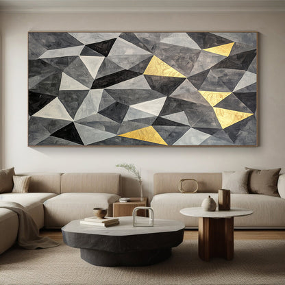 Gray, Black, White and Gold Geometric Triangles "Golden Geometry" Painting On Canvas HB363