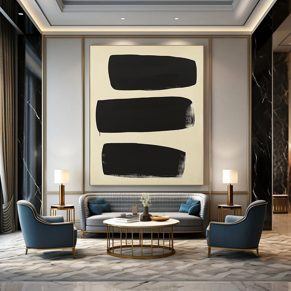 Contemporary abstract painting featuring five overlapping black shapes on a cream background inspired by Adolphus Reiffel's minimalistic style. DLZ1414