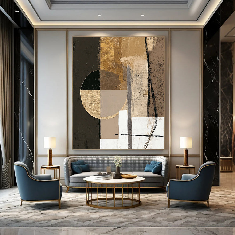 Contemporary hand-painted abstract artwork featuring earthy tones with textures, large circle, and small white square for tranquil harmony. DLZ0853
