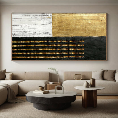 Black, White, Gold, Textured Stripes "Gilded Textured Stripes" Abstract Minimalist Painting On Canvas HB157