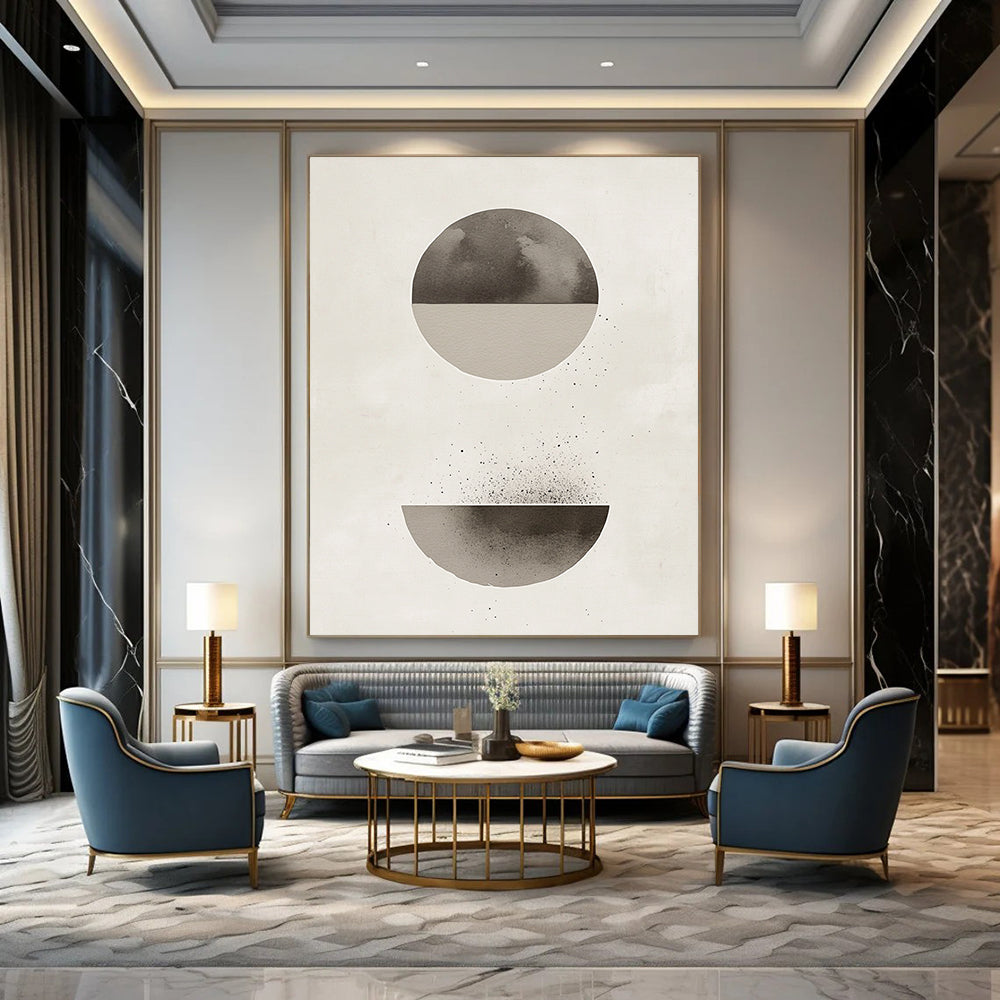 Contemporary abstract artwork features a minimalist Japandi design with muted gray and beige tones and harmonious circle and half-circle shapes. DLZ1346