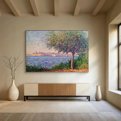 “Pointillist Tree and Sea” - Blue, Green, Purple, Pointillist Coastal Scene - Pointillist Oil Painting HB1675
