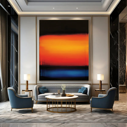 Bold contemporary hand-painted abstract artwork with a serene orange and blue gradient background and glowing shades of red and blue. DLZ1157