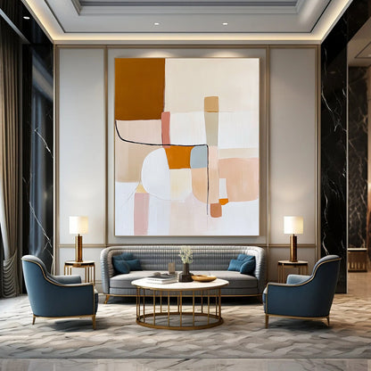 Contemporary abstract oil painting featuring minimal shapes and lines in beige, white, pastel pink, light blue, orange, and brown inspired by Matisse. DLZ0488