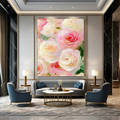 Contemporary hand-painted abstract artwork featuring soft pink and cream roses in an impressionist style, elegantly capturing romance against a muted pastel background. DLZ1203