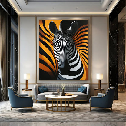 Contemporary abstract artwork featuring a striking zebra head with fluid lines on a vibrant orange background emphasizing elegant shapes and symmetry. DLZ1219