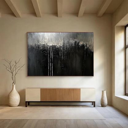 Monochrome Dripping Abstract - Dark Expressionist Painting On Canvas HB0468