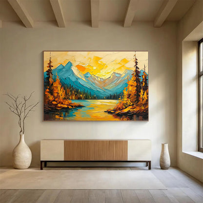 “Colorful Mountain Lake” - Blues, Yellows, Oranges, Mountain Lake with Autumn Trees - Impasto Oil Painting HB1713