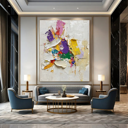 Contemporary hand-painted abstract art features vibrant paint strokes and thick oil textures on a white background with intricate details and soft edges. DLZ0578