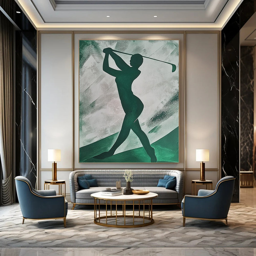 Contemporary abstract painting featuring an emerald green silhouette of a woman playing golf on textured paper with simple shapes. DLZ1406