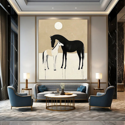 Contemporary abstract art featuring minimalist black and white horses in love against a beige background with a moon. Perfect for modern decor. DLZ1608