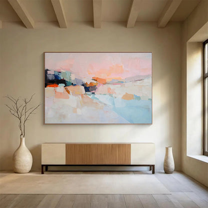 Soft Pink and Colorful Abstract Landscape - “Blush Horizon” Painting On Canvas HB1456