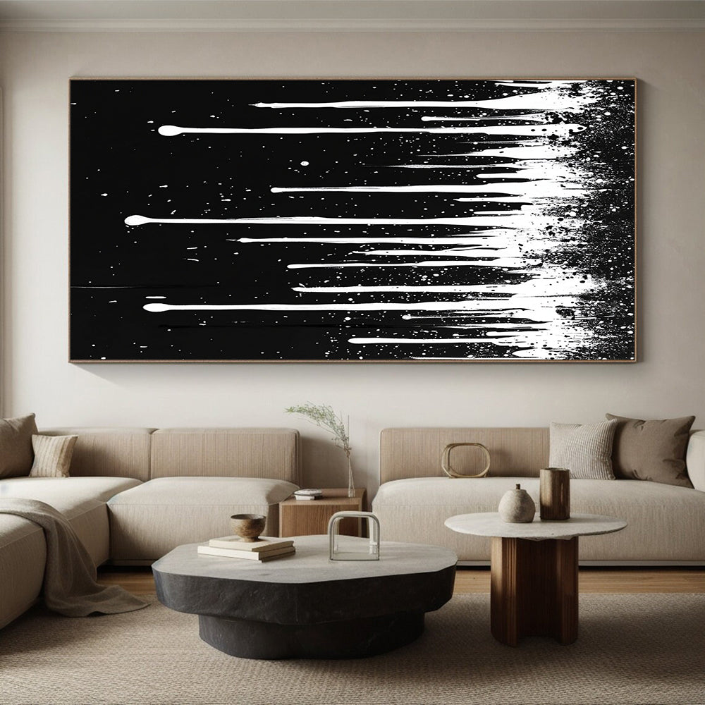 White Dripping Paint on Black "Celestial Drip" Painting On Canvas HB306