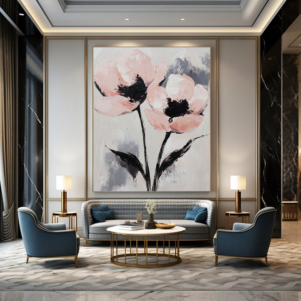 Contemporary abstract painting featuring elegant pink and gray flowers with long stems on a textured canvas background, exuding tranquility and intricate detail. DLZ1685