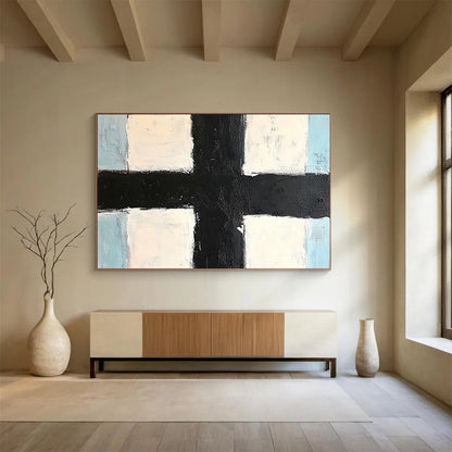 “Black Cross Geometry” - Black, White, Blue, Minimalist Abstract Geometric Painting On Canvas HB1074