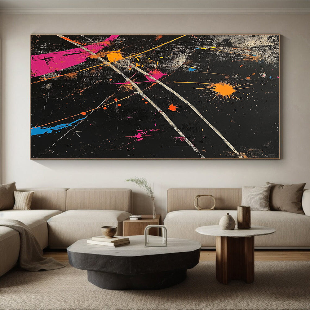 Black, Colorful Splashes, White Lines "Vibrant Chaos" Abstract Painting On Canvas HB021