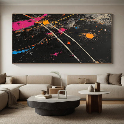 Black, Colorful Splashes, White Lines "Vibrant Chaos" Abstract Painting On Canvas HB021