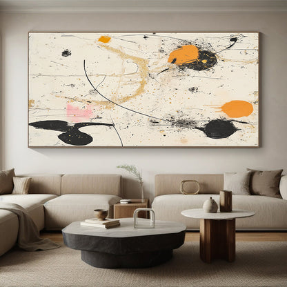 Black, White, Orange, Gold, Splattered Shapes "Chaotic Cosmos" Abstract Expressionist Painting On Canvas HB101