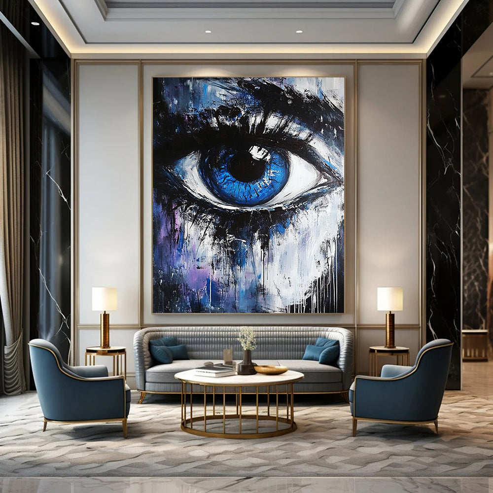 Contemporary abstract painting featuring a blue and white eye with black hints against a dark gray and light purple background, evoking emotional and magical themes. DLZ0952