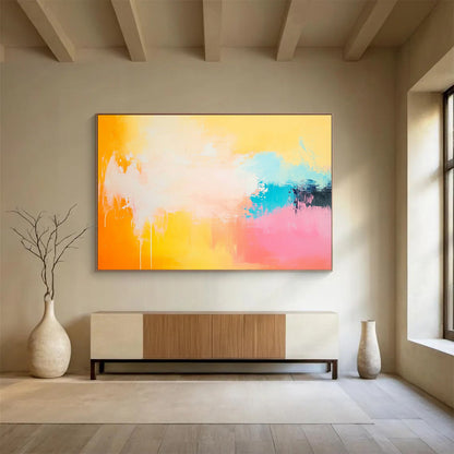 “Sunset Drip” - Orange, Yellow, Pink, Blue, Abstract Dripping Painting On Canvas HB1066