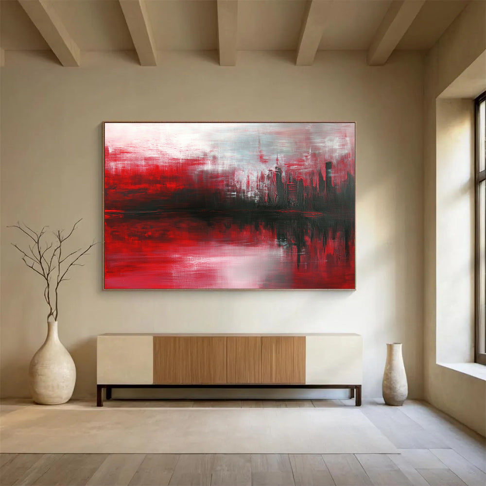 “Red Cityscape Reflection” - Red, Gray, Black - Abstract City Reflection - Oil Painting HB1298