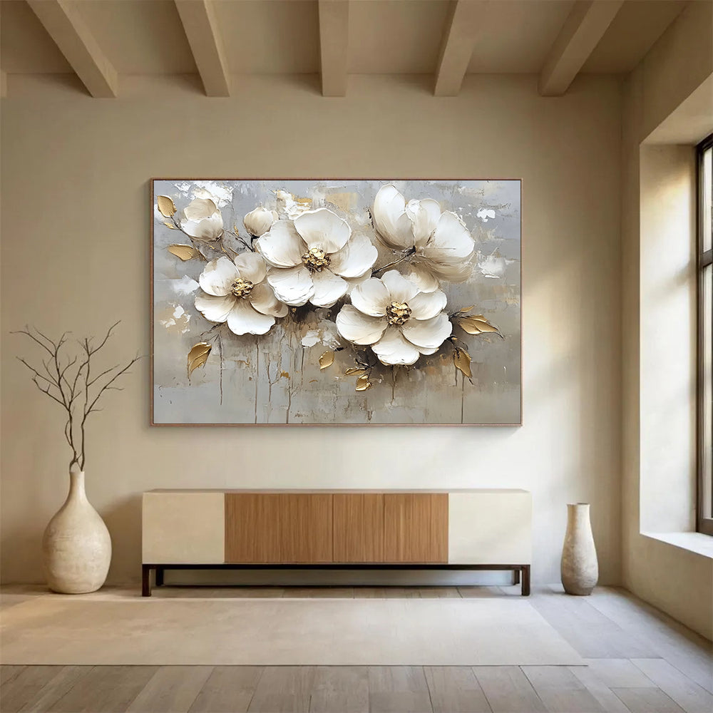 “White Flowers with Gold Accents” - White, Gold, Gray, Textured White Flowers with Gold Details - Impasto Oil Painting HB1784
