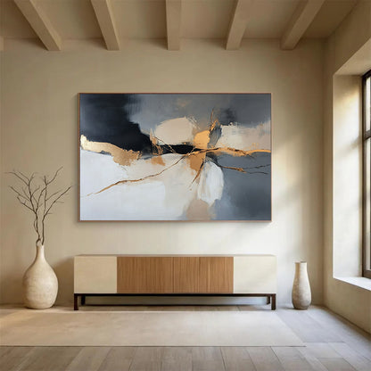 “Gilded Cracks” - Gray, Gold, Black, Abstract Textured Painting On Canvas HB1059