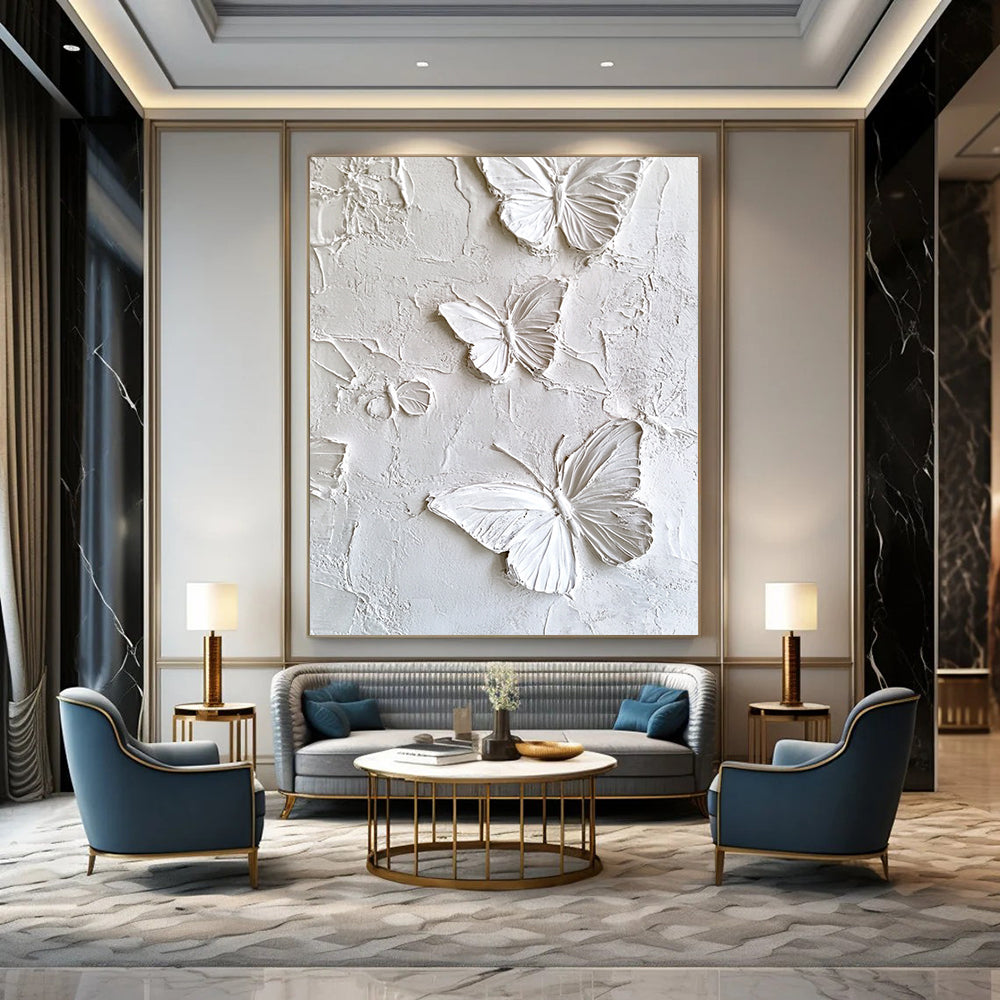 Contemporary abstract artwork featuring white butterflies on a textured plaster wall, enhanced high-definition texture detail for a striking visual impact. DLZ1739