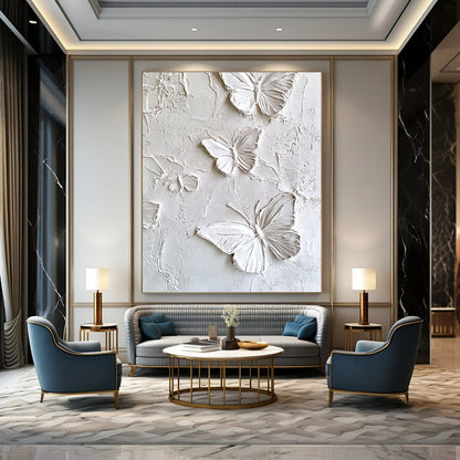 Contemporary abstract artwork featuring white butterflies on a textured plaster wall, enhanced high-definition texture detail for a striking visual impact. DLZ1739