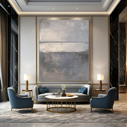 Large contemporary hand-painted abstract art featuring soft gray and white hues with tranquil sea elements creating a serene and calming atmosphere. DLZ0281