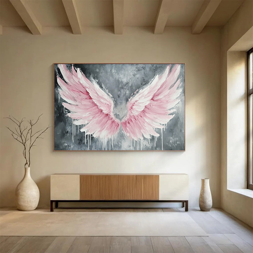 “Pink Winged Dreams” - Soft pinks, whites, grays; Textured angel wings, dripping paint; Contemporary Abstract Painting On Canvas HB1162