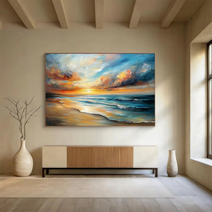 “Dreamy Beach Sunset” - Oranges, Pinks, Yellows, Blues, Beach Scene - Impasto Oil Painting HB1579