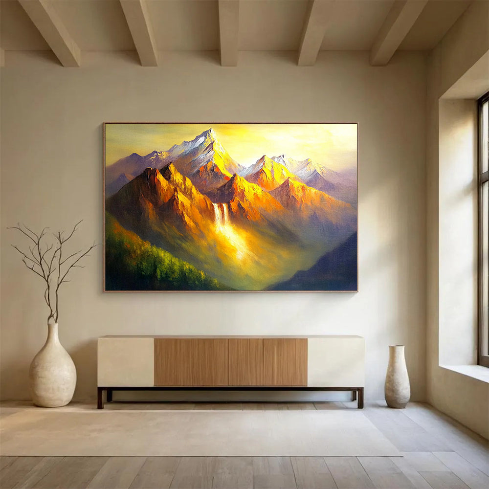 “Golden Mountain Waterfall” - Oranges, Yellows, Greens, Mountain with Waterfall in Golden Light - Dramatic Oil Painting HB1712