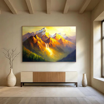 “Golden Mountain Waterfall” - Oranges, Yellows, Greens, Mountain with Waterfall in Golden Light - Dramatic Oil Painting HB1712