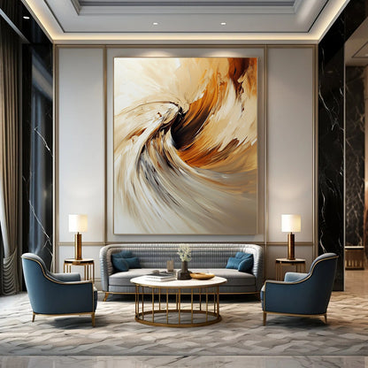 Contemporary abstract oil painting featuring an angel with swirling brush strokes in warm beige and brown tones. DLZ0450