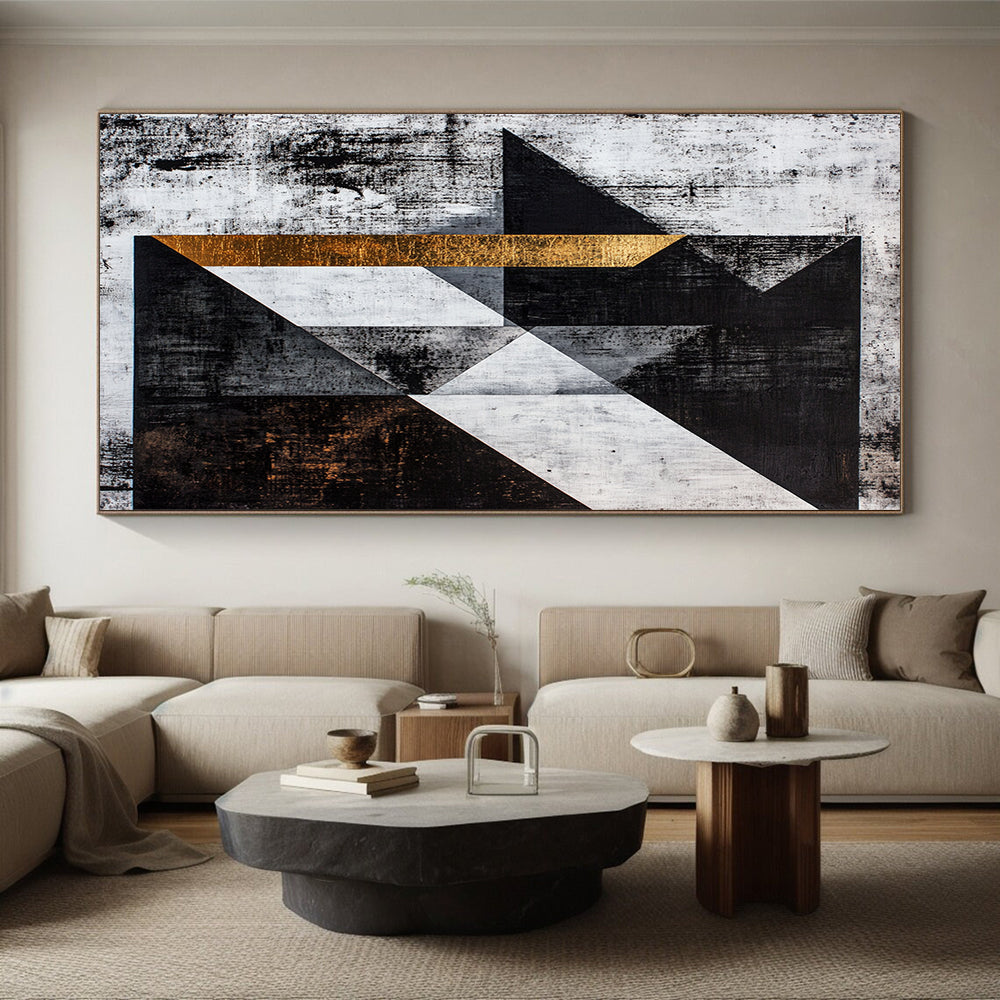 Black, White, Gray, Gold, Textured Triangles "Gilded Edges" Abstract Cubist - Inspired Painting On Canvas HB109