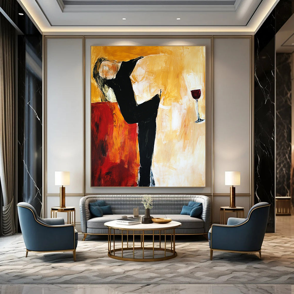 Contemporary abstract artwork depicting a woman on a sofa with expressive lines and warm tones showcasing emotional depth and pensive stillness. DLZ0973