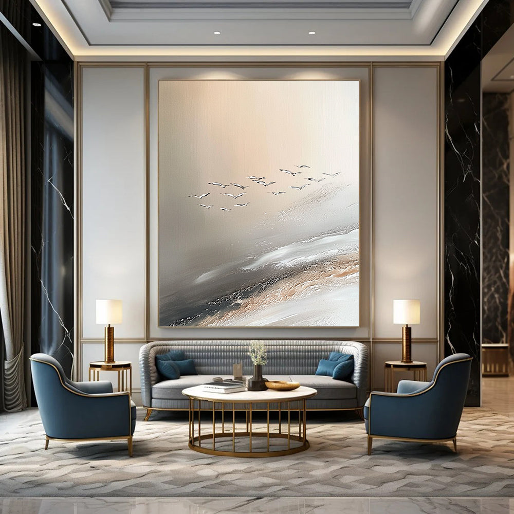 Contemporary abstract painting showcasing Jupiter's serene beauty with soft sand dune-inspired colors and seagulls enhancing the tranquil atmosphere. DLZ1137