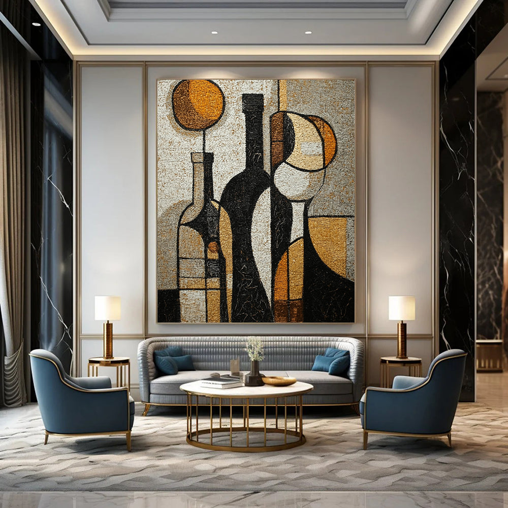 Contemporary hand-painted abstract artwork featuring textured wine bottles and glasses in rich tones of black brown white beige grey and gold. DLZ1427