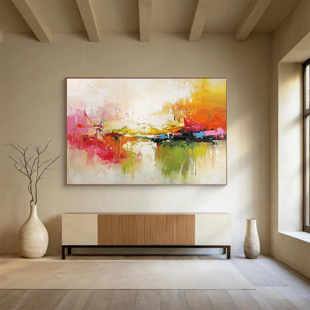 “Vibrant Abstract Harbor” - Red, Yellow, Green, Blue, Bold Boats and Reflections Painting On Canvas HB0924