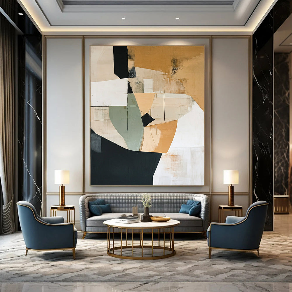 Contemporary abstract artwork featuring minimalist shapes in beige with green and black accents and generous white space invites harmony and balance into any space. DLZ0876